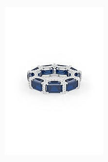 White Rhodium Finish Sapphire & White Cubic Zirconia Crystal Ring In Sterling Silver