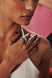 White Rhodium Finish Emerald Green Cubic Zirconia Crystal Ring In Sterling Silver