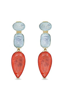 Gold Finish Sky Blue & Coral Orange Natural Stone Drop Dangler Earrings In Sterling Silver