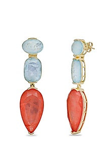 Gold Finish Sky Blue & Coral Orange Natural Stone Drop Dangler Earrings In Sterling Silver