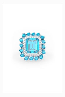 White Rhodium Finish Baguette Aqua Cubic Zirconia Crystal Ring In Sterling Silver