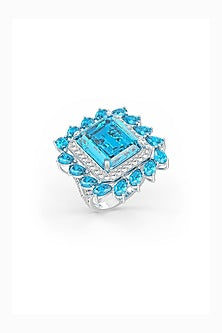 White Rhodium Finish Baguette Aqua Cubic Zirconia Crystal Ring In Sterling Silver