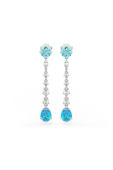 White Rhodium Finish Aqua & White Cubic Zirconia Crysta Dangler Earrings In Sterling Silver