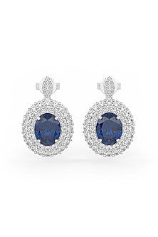 White Rhodium Finish Blue Sapphire Cubic Zirconia Crystal Dangler Earrings In Sterling Silver