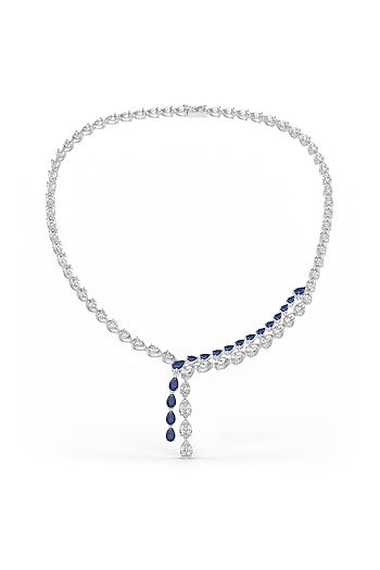 White Rhodium Finish Blue Cubic Zirconia Crystal Pendant Necklace In Sterling Silver