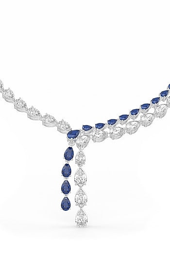 White Rhodium Finish Blue Cubic Zirconia Crystal Pendant Necklace In Sterling Silver