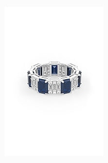 White Rhodium Finish Sapphire & White Cubic Zirconia Crystal Ring In Sterling Silver