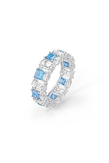 White Rhodium Finish Aqua Cubic Zirconia Crystal Ring In Sterling Silver