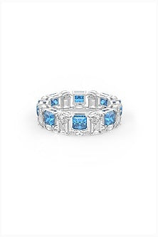 White Rhodium Finish Aqua Cubic Zirconia Crystal Ring In Sterling Silver