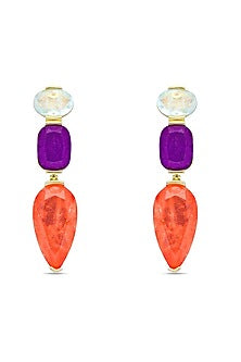 Gold Finish Multi-Colored Natural Stone Drop Dangler Earrings In Sterling Silver