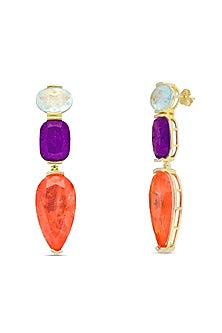 Gold Finish Multi-Colored Natural Stone Drop Dangler Earrings In Sterling Silver