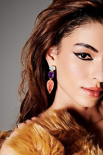 Gold Finish Multi-Colored Natural Stone Drop Dangler Earrings In Sterling Silver