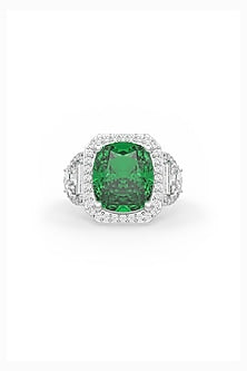 White Rhodium Finish Emerald Cubic Zirconia Halo Ring In Sterling Silver