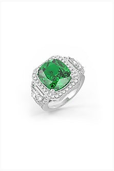 White Rhodium Finish Emerald Cubic Zirconia Halo Ring In Sterling Silver