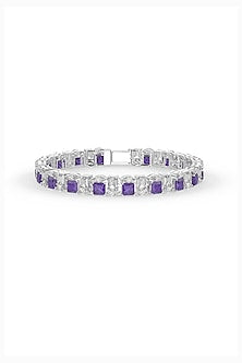 White Rhodium Finish Purple Cubic Zirconia Tennis Bracelet In Sterling Silver