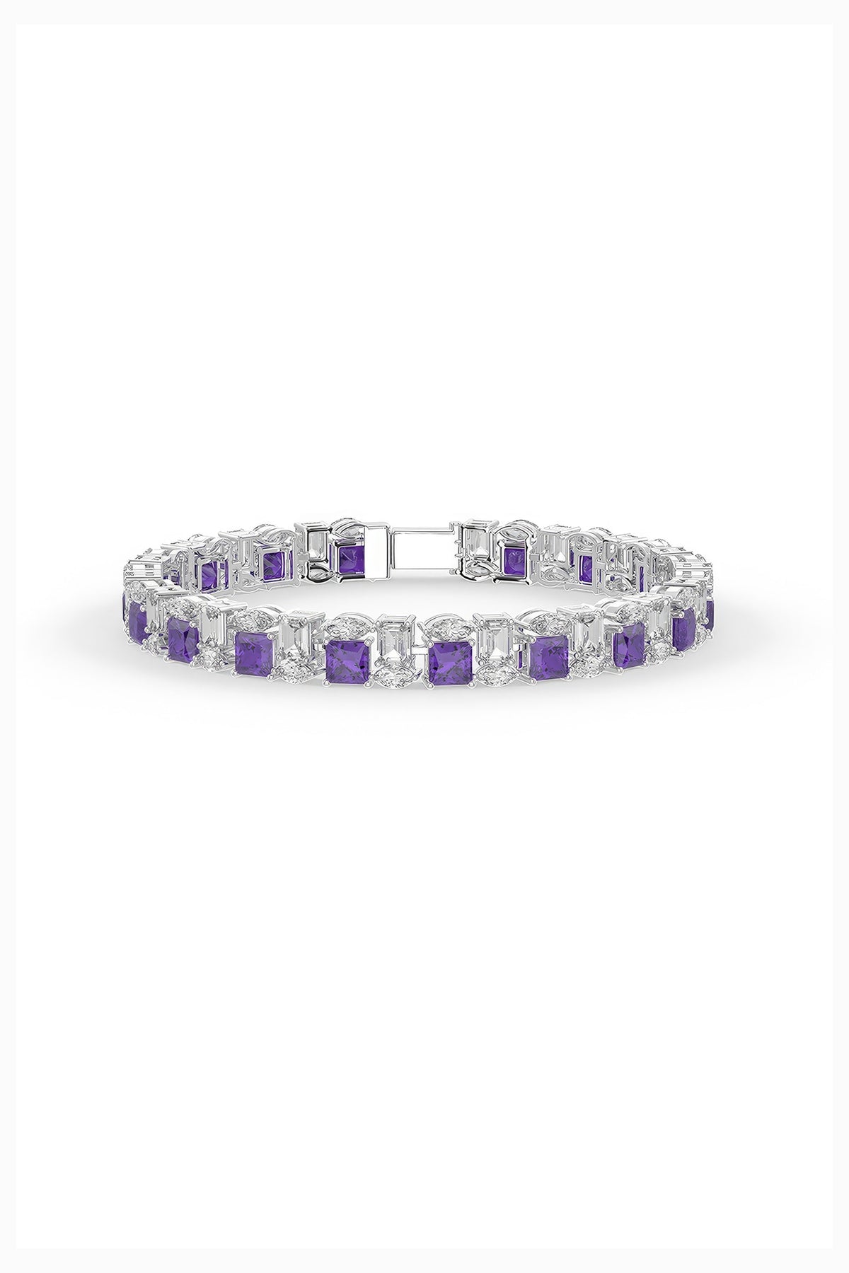 White Rhodium Finish Purple Cubic Zirconia Tennis Bracelet In Sterling Silver