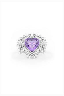 White Rhodium Finish Amethyst & White Cubic Zirconia Ring In Sterling Silver