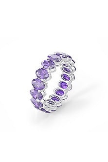 White Rhodium Finish Purple Cubic Zirconia Ring In Sterling Silver