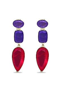 Gold Finish Violet Blue & Deep Pink Natural Stone Drop Dangler Earrings In Sterling Silver