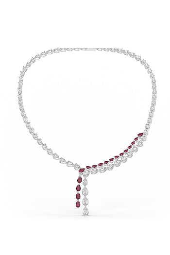 White Rhodium Finish Red Cubic Zirconia Pendant Necklace In Sterling Silver