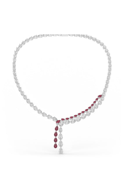 White Rhodium Finish Red Cubic Zirconia Pendant Necklace In Sterling Silver