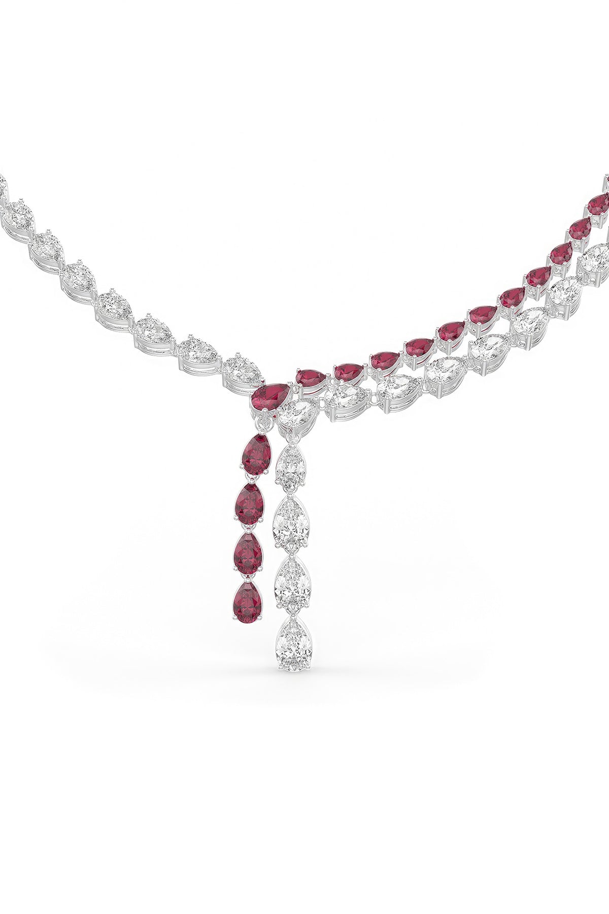 White Rhodium Finish Red Cubic Zirconia Pendant Necklace In Sterling Silver