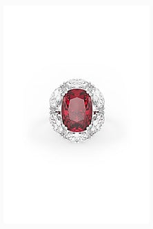 White Rhodium Finish Ruby & White Cubic Zirconia Ring In Sterling Silver
