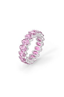 White Rhodium Finish Pink Cubic Zirconia Stone Ring In Sterling Silver