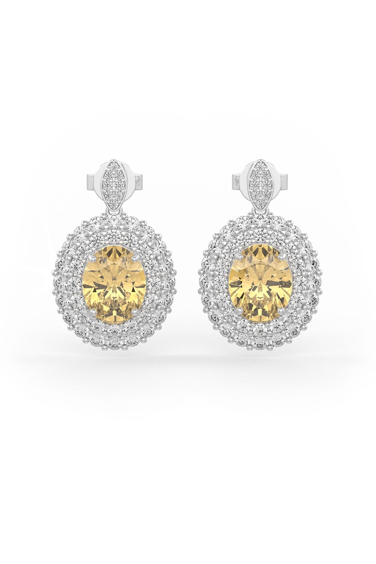 White Rhodium Finish Yellow Cubic Zirconia Dangler Earrings In Sterling Silver