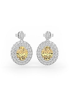 White Rhodium Finish Yellow Cubic Zirconia Dangler Earrings In Sterling Silver