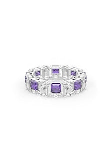 White Rhodium Finish Purple Cubic Zirconia Stone Ring In Sterling Silver