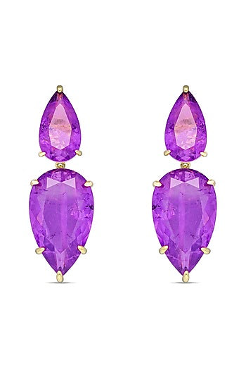 Gold Finish Purple Natural Stone Dangler Earrings In Sterling Silver