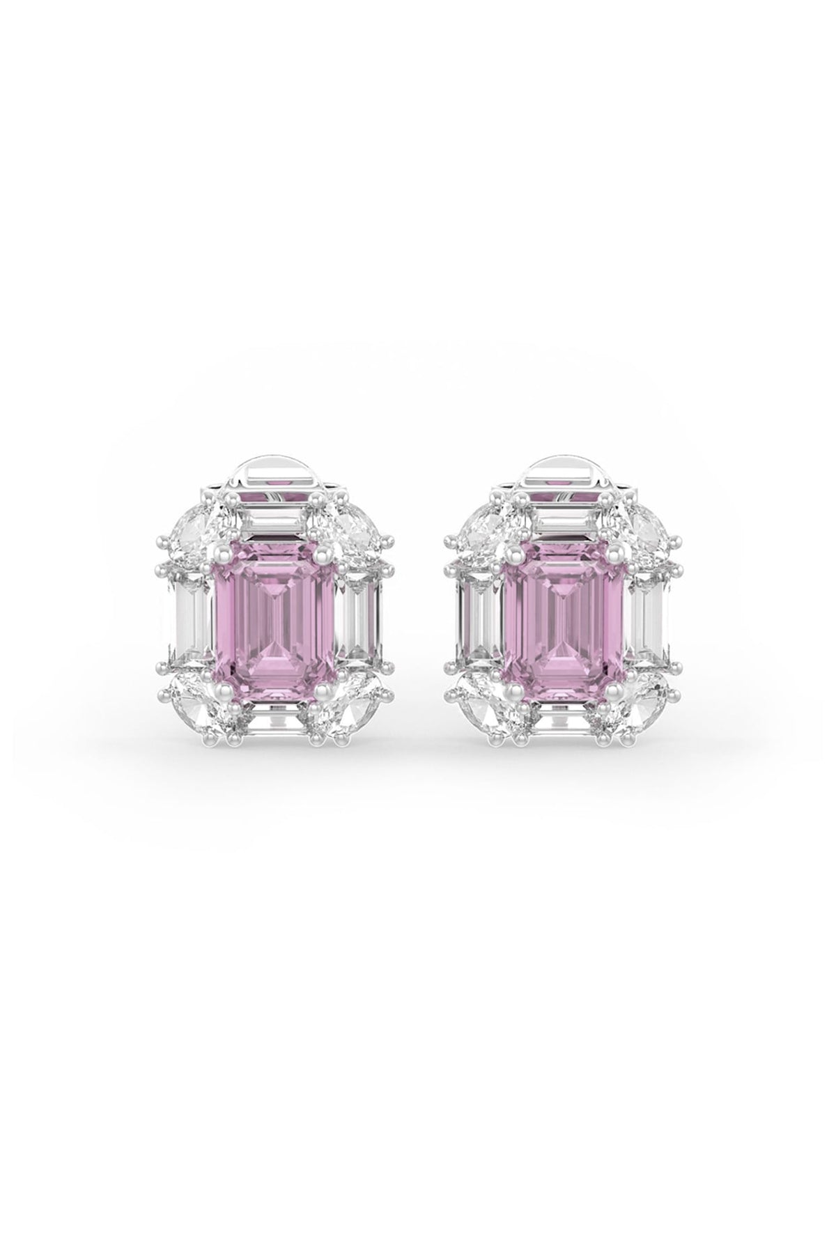 White Rhodium Finish Pink Cubic Zirconia Crystal Stud Earrings In Sterling Silver