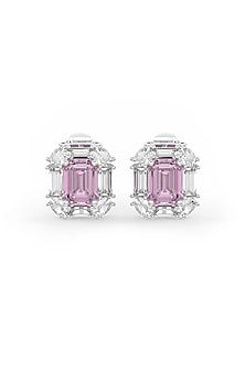 White Rhodium Finish Pink Cubic Zirconia Crystal Stud Earrings In Sterling Silver