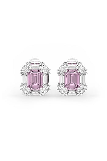 White Rhodium Finish Pink Cubic Zirconia Crystal Stud Earrings In Sterling Silver