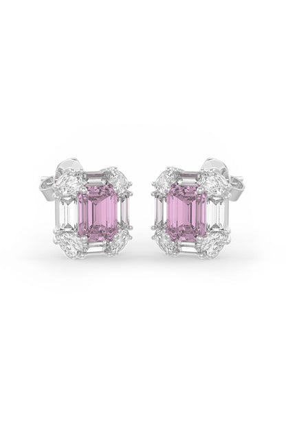 White Rhodium Finish Pink Cubic Zirconia Crystal Stud Earrings In Sterling Silver