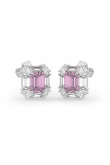 White Rhodium Finish Pink Cubic Zirconia Crystal Stud Earrings In Sterling Silver