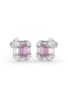 White Rhodium Finish Pink Cubic Zirconia Crystal Stud Earrings In Sterling Silver