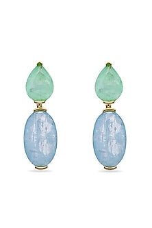 Gold Finish Aquamarine Green & Sky Blue Natural Stone Dangler Earrings In Sterling Silver