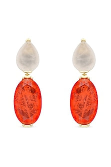 Gold Finish White & Orange Red Natural Stone Dangler Earrings In Sterling Silver