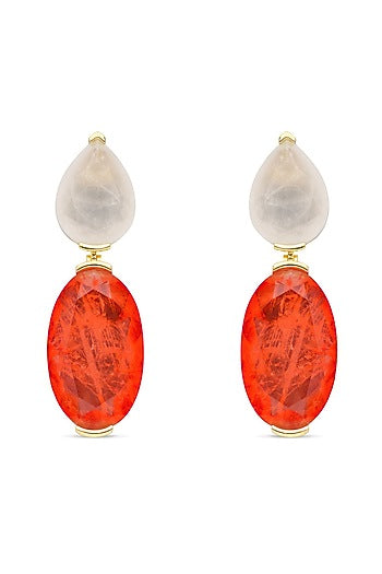 Gold Finish White & Orange Red Natural Stone Dangler Earrings In Sterling Silver
