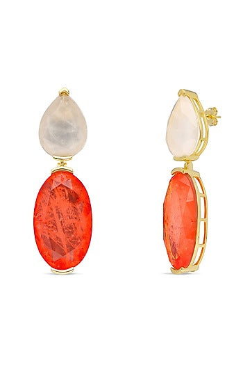 Gold Finish White & Orange Red Natural Stone Dangler Earrings In Sterling Silver