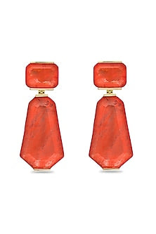 Gold Finish Coral Orange Natural Stone Dangler Earrings In Sterling Silver