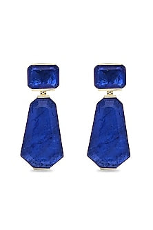 Gold Finish Dark Blue Natural Stone Dangler Earrings In Sterling Silver