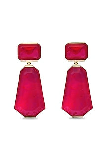 Gold Finish Deep Pink Natural Stone Dangler Earrings In Sterling Silver