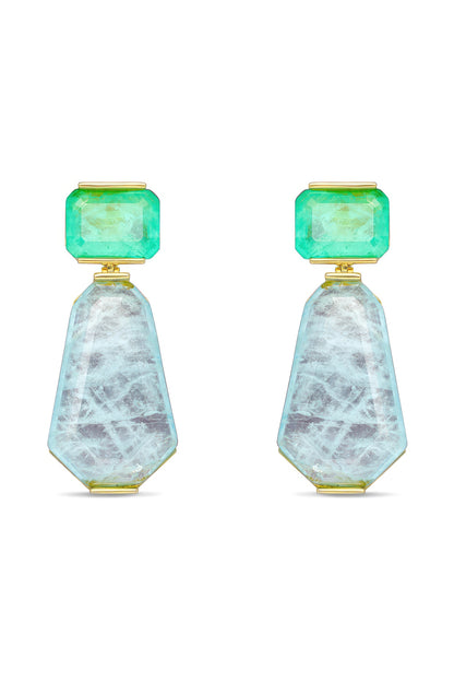 Gold Finish Turquoise & Sky Blue Natural Stone Dangler Earrings In Sterling Silver