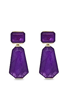Gold Finish Purple Natural Stone Dangler Earrings In Sterling Silver