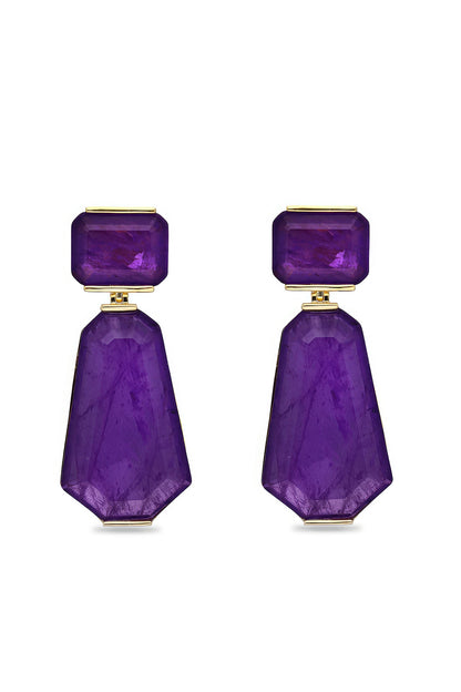 Gold Finish Purple Natural Stone Dangler Earrings In Sterling Silver