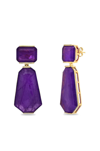Gold Finish Purple Natural Stone Dangler Earrings In Sterling Silver