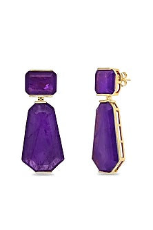Gold Finish Purple Natural Stone Dangler Earrings In Sterling Silver